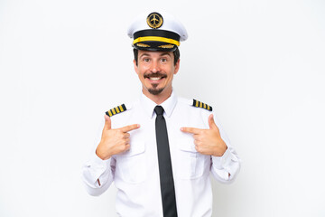 Airplane caucasian pilot isolated on white background with surprise facial expression