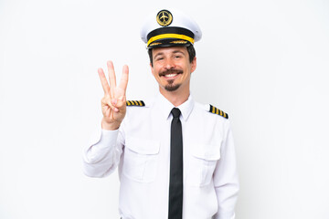 Airplane caucasian pilot isolated on white background happy and counting three with fingers