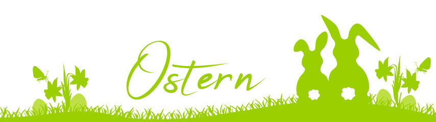 Frohe Ostern Ferien Hintergrund Banner Panorama Vektor Illustration für Logo - Grüne Silhouette von Osterhasen und Ostereiern auf Wiese im Frühling, isoliert auf weißem Hintergrund, mit deutschem Text
