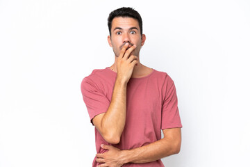 Young handsome man over isolated white background surprised and shocked while looking right