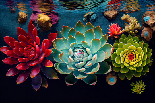 Colorful tropical plants cacti succulents in water, layout for text, natural floral background, design. Generative AI