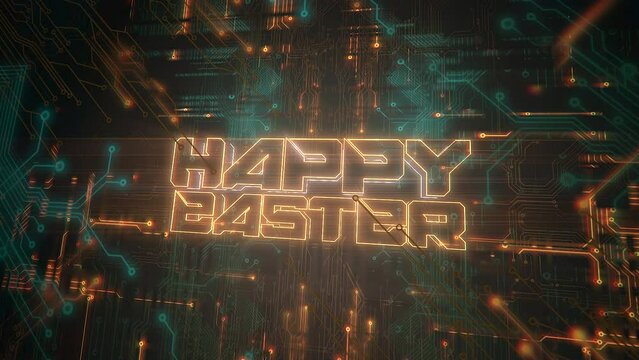 Happy Easter with computer scheme and neon lines, motion abstract holidays, futuristic and cyberpunk style background