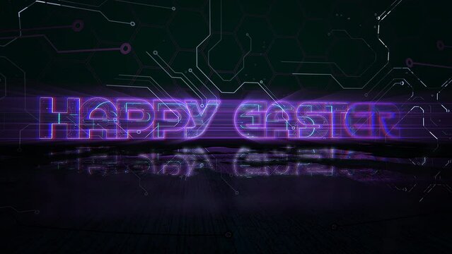 Happy Easter with computer scheme on digital stage, motion abstract holidays, futuristic and cyberpunk style background