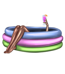A girl in an inflatable pool drinking a cocktail