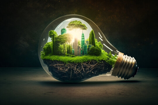 renewable energy-protected light bulb where there is an inside future city in the bulb, background there is a green mossy atmosphere world