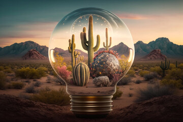 renewable energy-protected light bulb where there is an inside beautiful forest in the bulb, background there is a desert atmosphere world