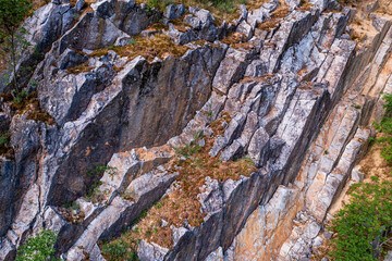 Amazing geologichal park with cliffs and lookout tower in aerial view. This is in Baranya count south Hungary. This place it was a stone mine in the past.