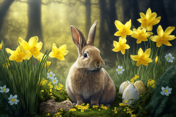 Generative AI illustration of cute adorable rabbit bunny at Easter in forest landscape surrounded by Spring daffodils - 572906169