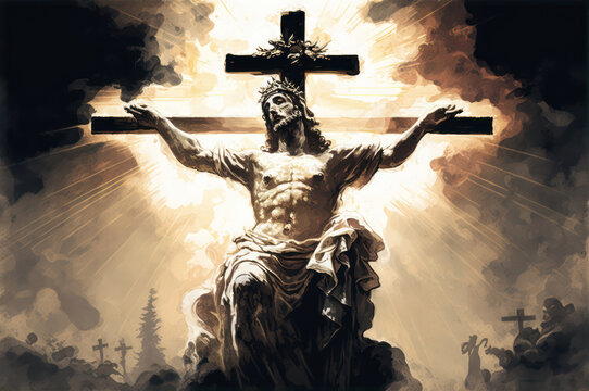 Generative AI illustration of powerful Christian faith religion image of Jesus on Crucifix at Easter