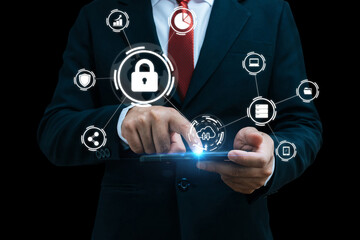 business people in suit touching in mobile smart phone with virtual graphic icon diagram on dark background, internet security, digital marketing, business finance, internet network technology concept