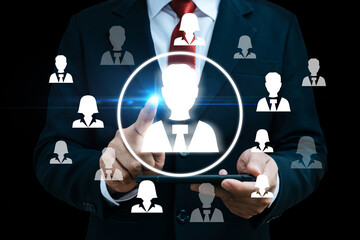 HR management hand using mobile smart phone find employee with virtual graphic icon diagram, team leader, business marketing, job recruitment, human resource management, job interview concept