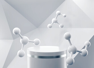 molecule on white wall with display podium mockup background for cosmetic product stand, 3d...