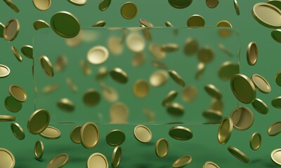 Abstract 3d glass banner mockup with falling golden coins in background. Savings abstract concept