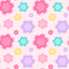 Trendy seamless pattern with y2k blurred gradient daisy flower on pink background. Pastel color background. Abstract geometric background. Y2k aesthetic.