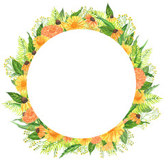 Hand-drawn watercolor wreath with zinnia, goldenrod and coneflowers. An illustration for printing design, textile, scrapbooking. Isolated on white.	