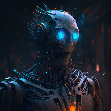 Future artificial intelligence bot portrait in virtual reality space, Generative AI