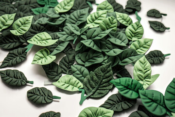 Fototapeta na wymiar green hyper-realistic floral hand-made plasticine flowers or play-doh spring leaves and foilage with stems, isolated on white background (generative ai)