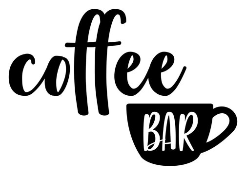 Logo aislado coffee bar. Letras palabra coffee en texto manuscrito y palabra bar en silueta de taza de caf&eacute;