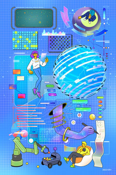 未来の仮想空間にある人々やUIのモチーフ