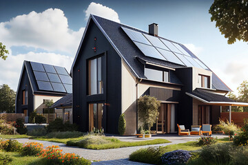Houses with rooftop solar panels, top view houses of the future, green eco energy of the future, farm with solar panels Generative AI