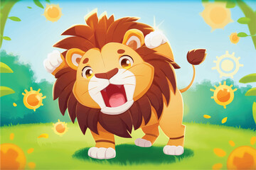 Obraz na płótnie Canvas This playful illustration of a friendly lion with a nature background is perfect for kids. The charming and approachable style of the lion evokes a sense of adventure, while the soothing nature