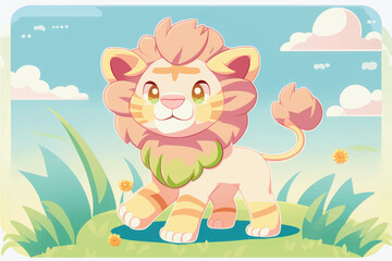 This playful illustration of a friendly lion with a nature background is perfect for kids. The charming and approachable style of the lion evokes a sense of adventure, while the soothing nature