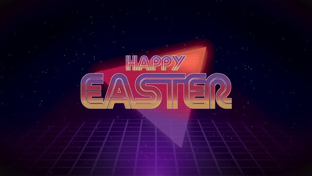 Happy Easter with gradient triangle and purple grid in galaxy, motion abstract holidays, retro and business style background