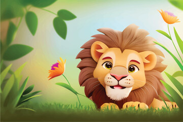 This playful illustration of a friendly lion with a nature background is perfect for kids. The charming and approachable style of the lion evokes a sense of adventure, while the soothing nature