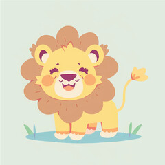 Fototapeta premium This playful illustration of a friendly lion with a nature background is perfect for kids. The charming and approachable style of the lion evokes a sense of adventure, while the soothing nature