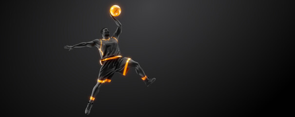 Abstract silhouette of a NBA basketball player man in action isolated black background.