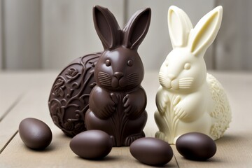 Fototapeta na wymiar Couple of 2 easter chocolate bunnies, dark chocolate and white chocolate, white chocolate eggs, wooden table, AI generative