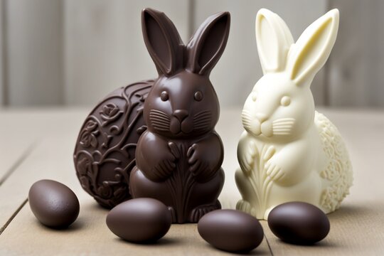 Couple of 2 easter chocolate bunnies, dark chocolate and white chocolate, white chocolate eggs, wooden table, AI generative