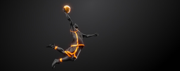 Abstract silhouette of a NBA basketball player man in action isolated black background. © Yevheniia
