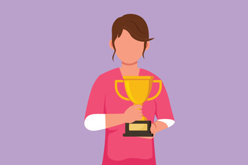 Graphic flat design drawing female athlete in sports jersey holding golden trophy with both hands in front of her chest. Celebrating victory of national championship. Cartoon style vector illustration