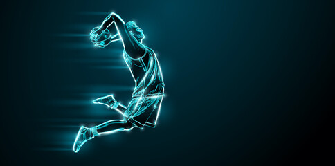 Abstract silhouette of a NBA basketball player man in action isolated black background. © Yevheniia