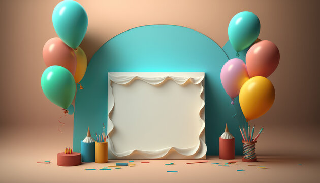 a festive and colorful image of birthday decorations, with an open space for adding personalized text or overlay