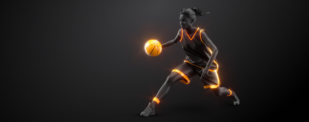 Abstract silhouette of a NBA basketball player woman in action isolated black background.