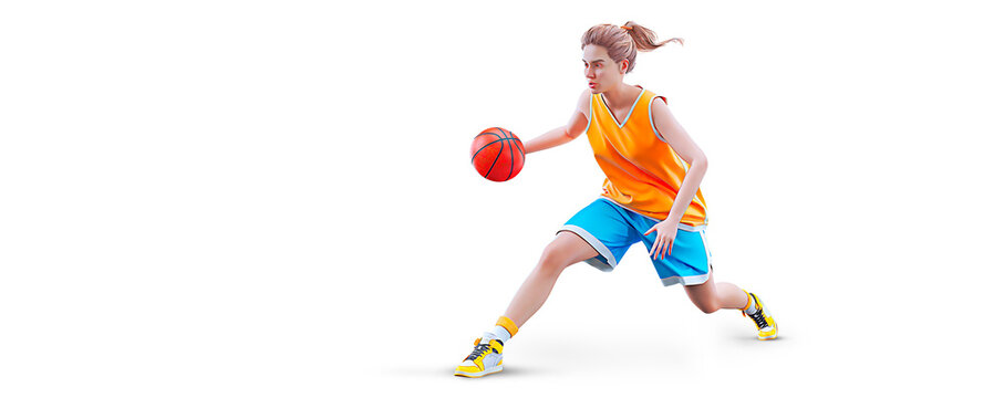 Realistic silhouette of a NBA basketball player woman in action isolated white background.