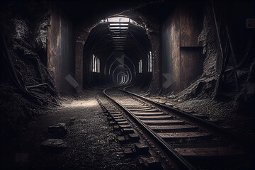 Fototapeta premium A large underground tunnel with a railway, tram, tram tracks, abandoned, old without people, gloomy view of the dungeon. Generative AI