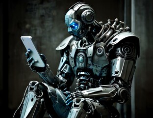 Fototapeta na wymiar 座った状態で手に持ったスマートフォンの画面を見つめる未来的な人間型ロボット