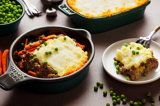 Top view of English Shepherd's pie, or cottage pie, or French version hachis Parmentier. Cooked minced beef meat with vegetables , onion, carrot, green peas, topped with mashed potato. Generative AI
