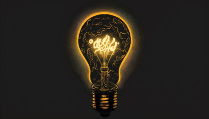 Illuminated Light Bulb Concept on Dark Background, Dark Academia Inspired, Ideas, Lit Up and Glowing - Generative AI