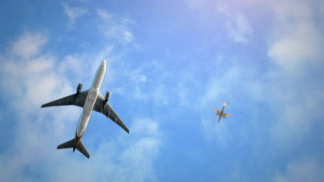 Fly airplanes in blue sky with clouds, motion promotion, summer and travel style background