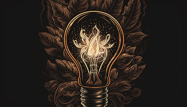 Illuminated Light Bulb Concept on Dark Background, Dark Academia Inspired, Ideas, Lit Up and Glowing - Generative AI