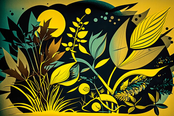 vintage retro abstract oil painting vector illustration of spring and summer flowers with grass, leaves, foliage and colorful blossoms, floral art decor texture/pattern (generative ai)