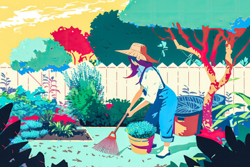 a young beautiful woman/person is doing the garden work and cleanup during springtime, enjoying the sunlight and blue sky with a bouquet in her hands and a tree (generative ai) vector illustration