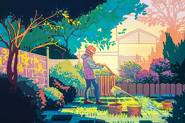 a young beautiful woman/person is doing the garden work and cleanup during springtime, enjoying the sunlight and blue sky with a bouquet in her hands and a tree (generative ai) vector illustration