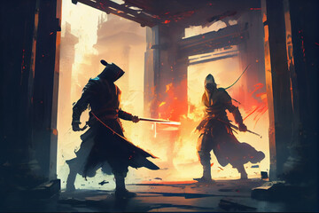 ninjas fighting scene sketch illustration concept created by generative ai