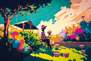 A young beautiful woman/person is sitting in the garden during springtime, enjoying the sunlight and blue sky with a bouquet in her hands and a tree (generative ai) colorful vector illustration 