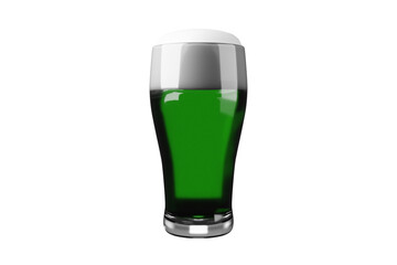 A 3D illustration for St. Patrick's Day showing a cartoon-style green beer glass with foam